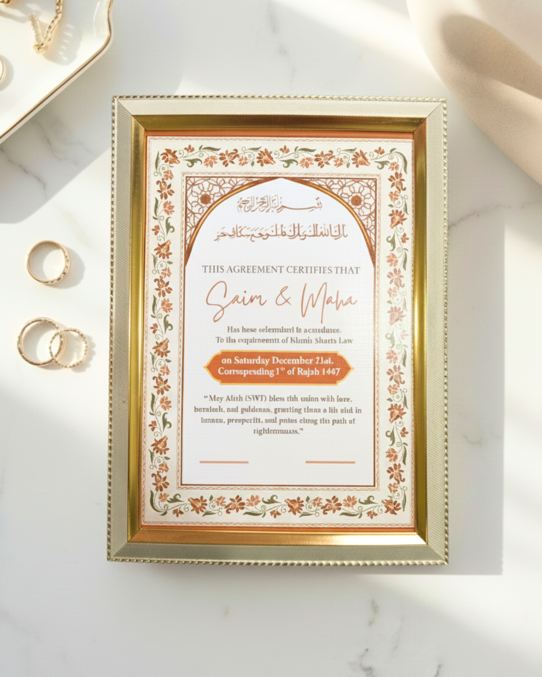 Beautiful Nikkahnama frame| Elegant Gold and white Customized nikkahnama
