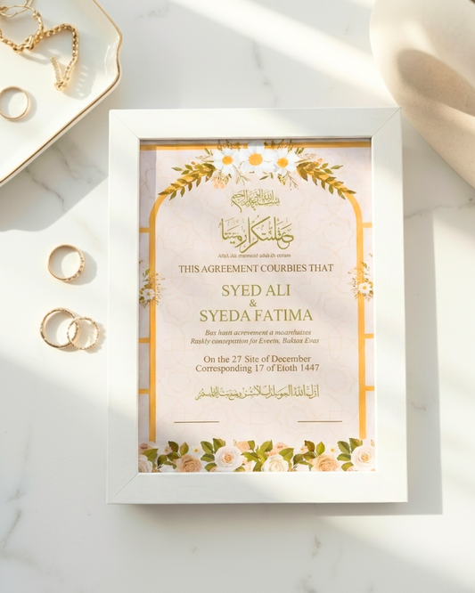 Beautiful Nikkahnama frame| Elegant White nikkahnama customized